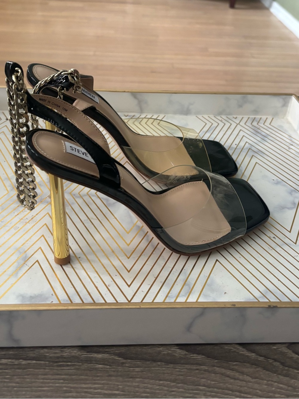 Steve Madden Black Clear Strap Gold Heel Slingback Sandals